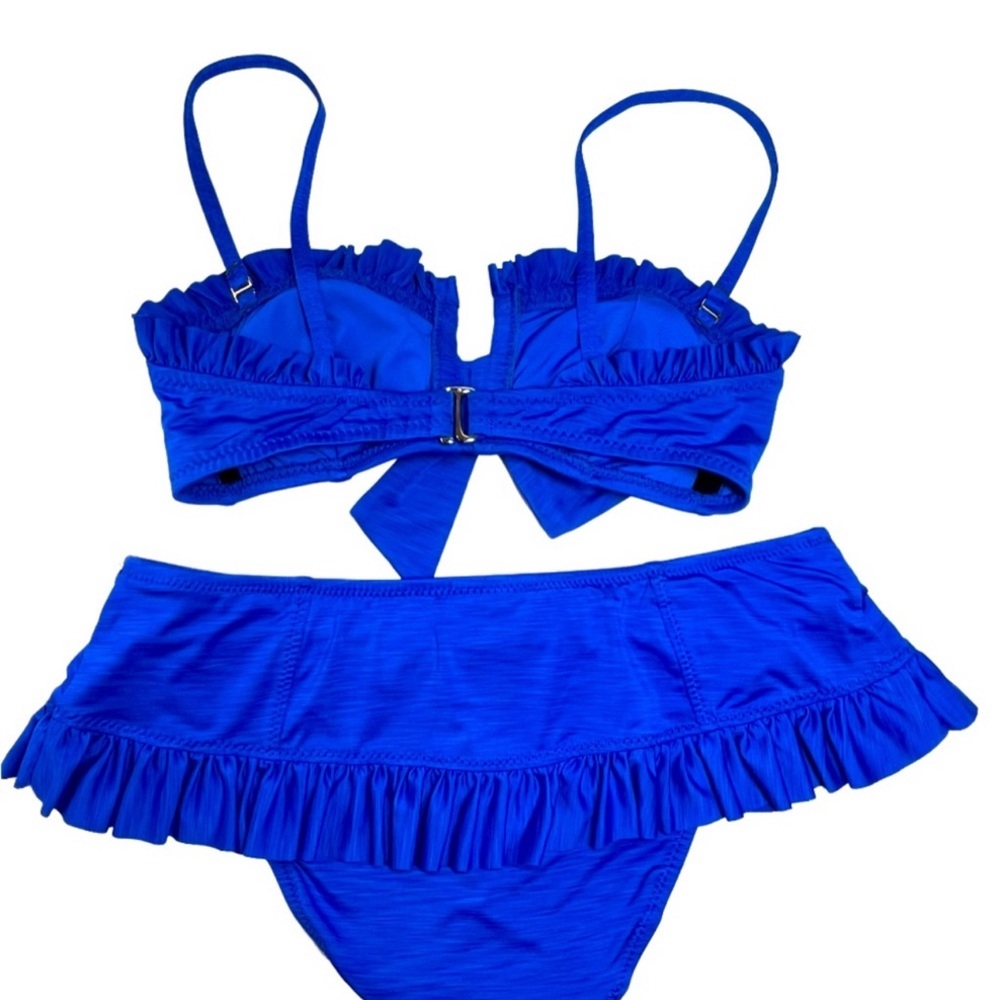 Betsey Johnson Swim Bikini 2pc. Blue Bow Skirted Hipster Small NWOT